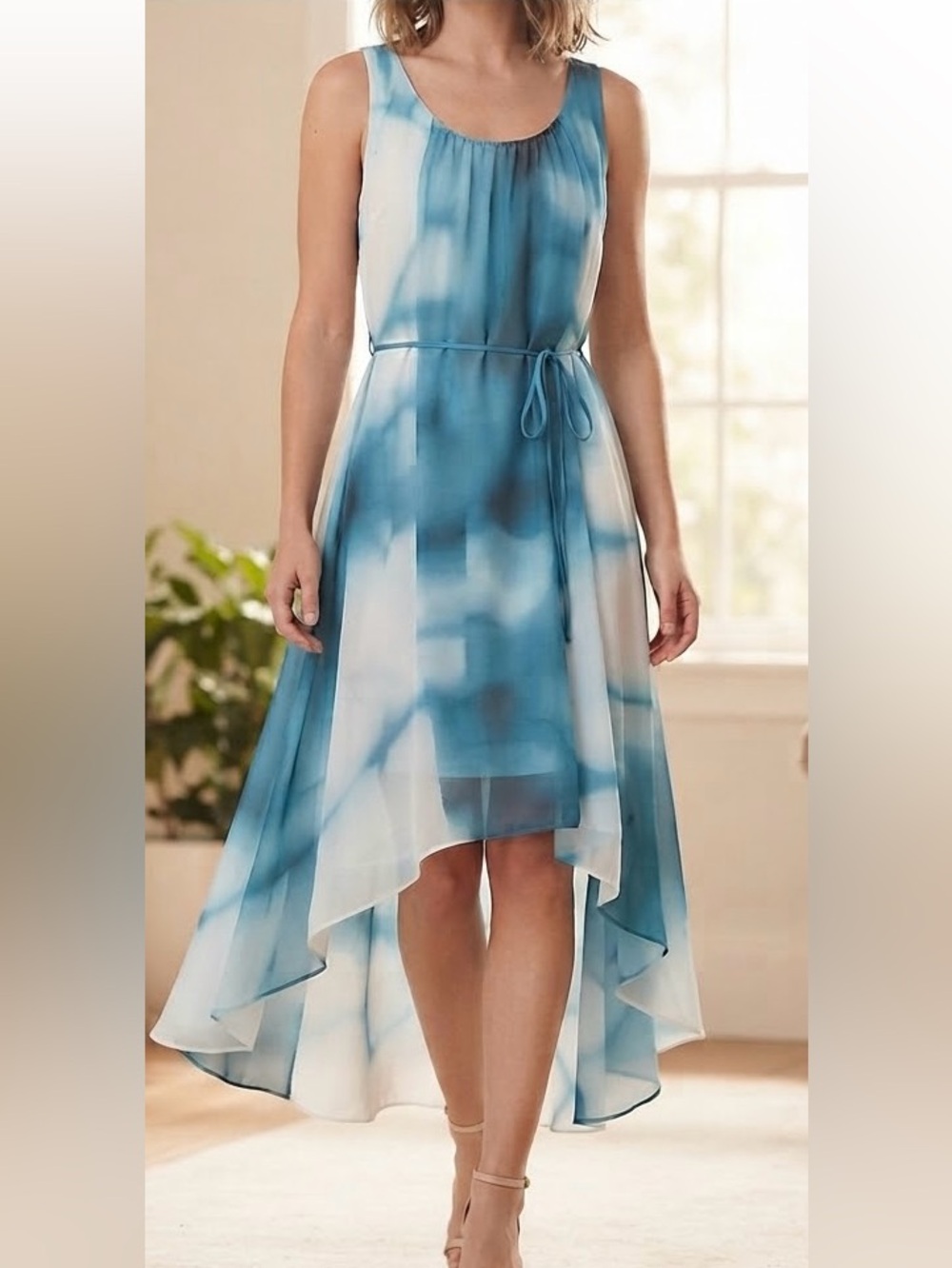 Tahari Blue White High-Low Chiffon Dress